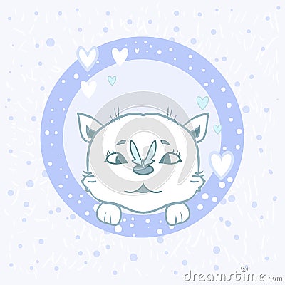 Sticker cat with a butterfly - nice cartoon vector pets baby drawing for kids. Cute card boy kitten paws. Vector Illustration