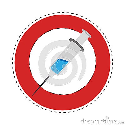 Sticker circular border with Needle syringe with liquid and inchs Vector Illustration