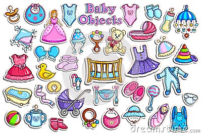 Sticker collection for baby object collection Vector Illustration