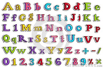 Sticker collection for comic style alphabet and number Vector Illustration