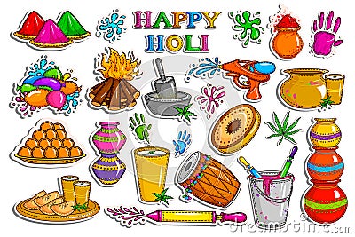 Sticker collection for Holi holiday celebration object Vector Illustration