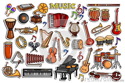 Sticker collection for music and entertainment instrument object Vector Illustration