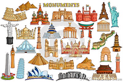 Sticker collection for world famous monument and building Vector Illustration