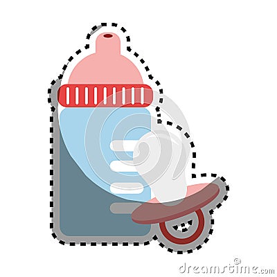 Sticker color silhouette with baby bottle and pacifier Vector Illustration