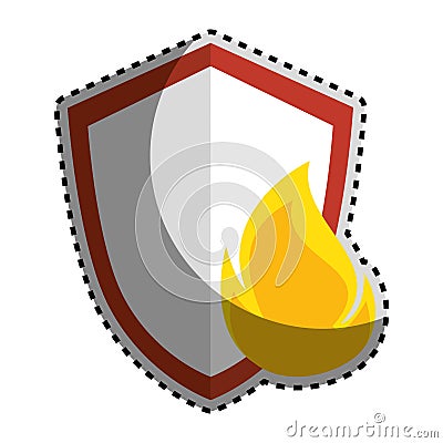 Sticker color silhouette emblem of shield with flame Vector Illustration