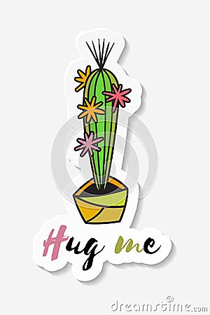 Sticker with colored funny cute cactus. Vector Illustration