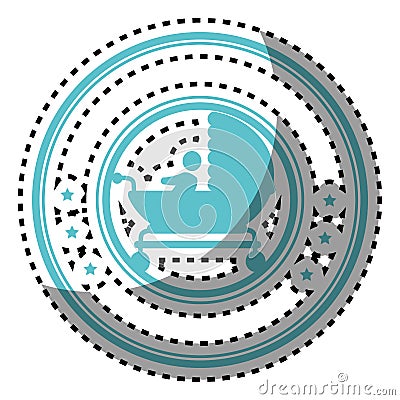 Sticker colorful circular border with black silhouette baby carriage with layette and baby Vector Illustration