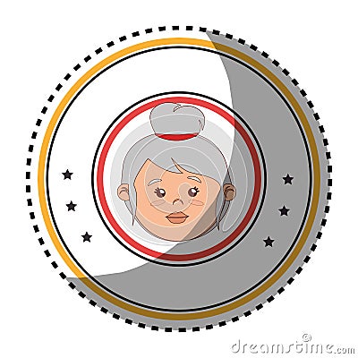 Sticker colorful circular border with front face elderly woman Vector Illustration