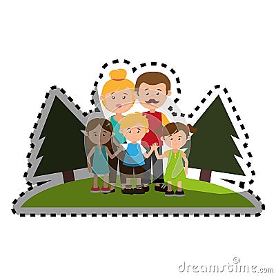 Sticker colorful landscape with family nucleus Vector Illustration