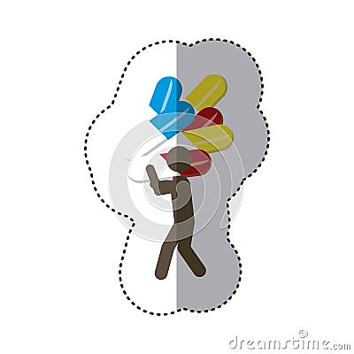 sticker colorful worker holding up capsule drugs Cartoon Illustration