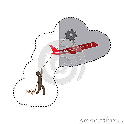 sticker colorful worker with pulley holding small figure airplane Cartoon Illustration
