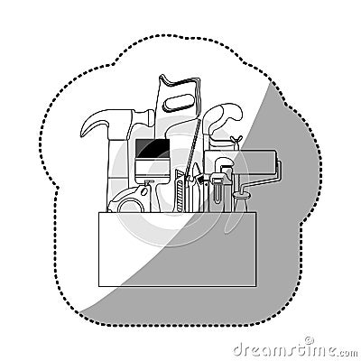 Sticker contour toolkit inside of wooden box shading Vector Illustration