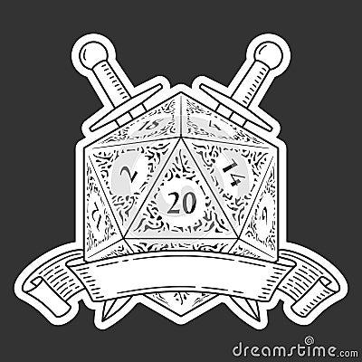 D20 Die With Ribbon and Swords. Outline Style Vector Illustration