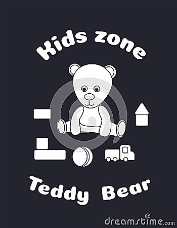 Sticker for the design of the kids zone. Teddy bear and toys, cubes, ball, auto. logo toy shop, a design cut plotter, decor glass. Vector Illustration