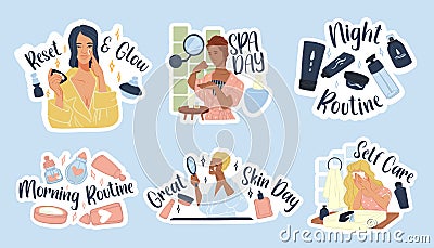 Sticker design set with woman skincare element Vector Illustration