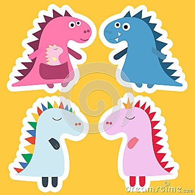 Sticker dinosaur. Cool dinosaur vector design. Baby design. Dino birthday set. Dinosaur funny cartoon, vector Vector Illustration