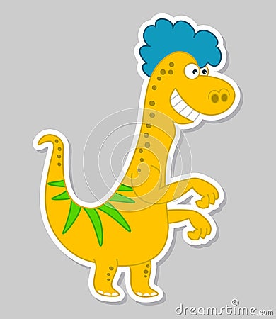 Sticker dinosaur lizard yellow with blue hair and green spots Vector Illustration