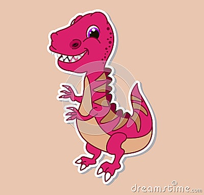 Sticker dinosaur tyrannosaurus pink very smiling with big pointy teeth Vector Illustration