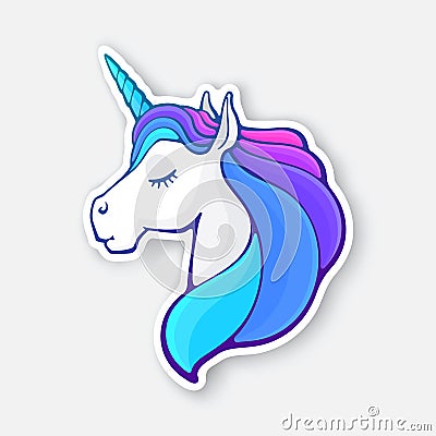 Sticker of fairy tale sleeping unicorn head with closed eyes and rainbow mane Vector Illustration