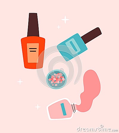 Sticker of female colorful manicure polish on pink background Vector Illustration