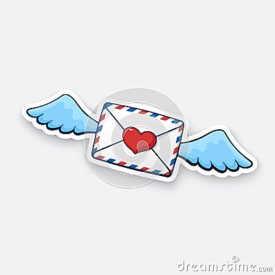 Sticker flying closed envelope with wax heart and wings Vector Illustration