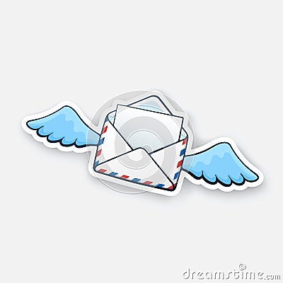 Sticker flying opened envelope with wings Vector Illustration