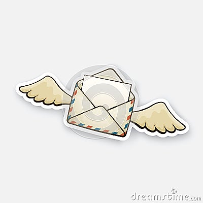 Sticker flying opened vintage envelope with wings Vector Illustration