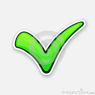 Sticker of green check mark for indicate right choice with contour Vector Illustration