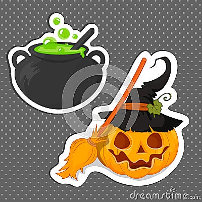 Sticker Halloween for your design. The potion witch and pumpkin with a broom. Flat design. The Symbols Of Halloween. Stock Photo