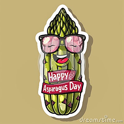 Sticker with happy asparagus in sunglasses. Template poster for asparagus day, cartoon style. Stock Photo