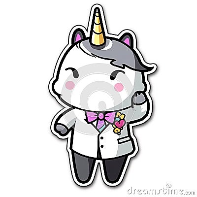 Sticker, happy colourful unicorn wearing tuxedo, kawaii, contour, vector, white background Stock Photo