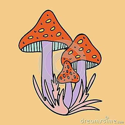 Sticker illustration from a 1970s set. Magic mushrooms grow among the grass. Bright commemorative design. Vector Illustration