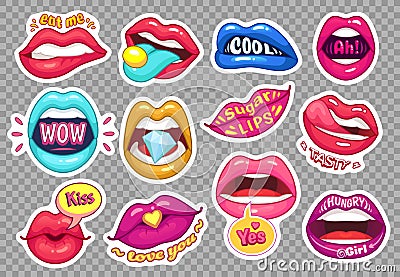 Sticker lips. Provocative girl mouths cartoon sensual stickers. Girls fashion patches. Provocation woman mouth Vector Illustration