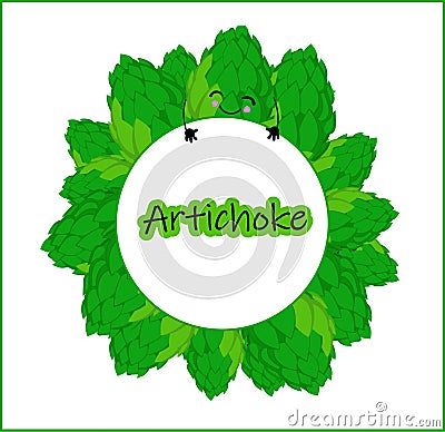 Sticker or logo for artichoke tea, fresh vegetables and other wholesome food. Cute characters Stock Photo