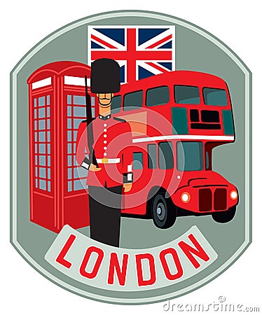 Sticker London. Symbols of Britain, a guard, a phone booth and a bus Vector Illustration