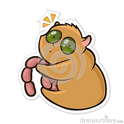 Sticker for messenger with funny animal. Hungry hamster eating sausages. Vector illustration isolated on white Vector Illustration