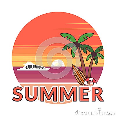 Sticker in modern flat design. The sun going down over the horizon is sunset. Summer background - sunset beach. Sea Vector Illustration