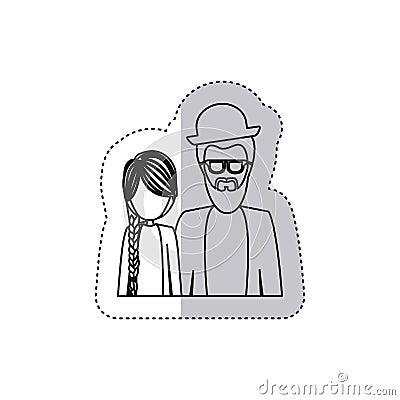 sticker monochrome contour half body with dad with beard and glasses and daughter with braided hair Cartoon Illustration