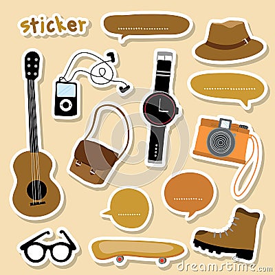 Sticker Object Boy Smart camera guitar shoe skateboard watch cartoon Vector Vector Illustration