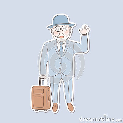 Sticker old man standing with suitcase.Vector illustrationcartoon cartoon design Cartoon Illustration