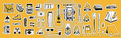 Sticker pack. Collection of camping stickers. Vector hand drawn illustrations bundle. Backpack boots tent sleeping bag Vector Illustration