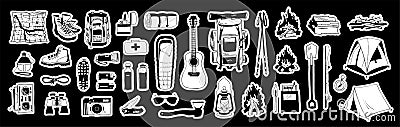 Sticker pack. Collection of camping stickers. Vector hand drawn illustrations bundle. Backpack boots tent sleeping bag Vector Illustration