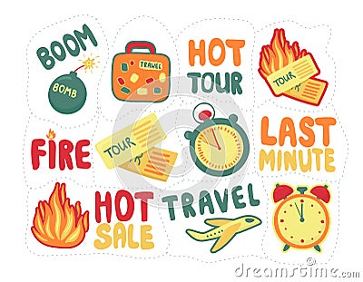 Sticker pack last minute. set discounts for tourist trips. travel last-minute sale Vector Illustration