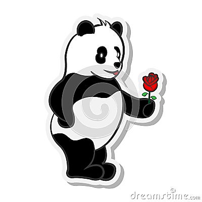 Sticker panda give rose flower red. in love valentine romance Vector Illustration