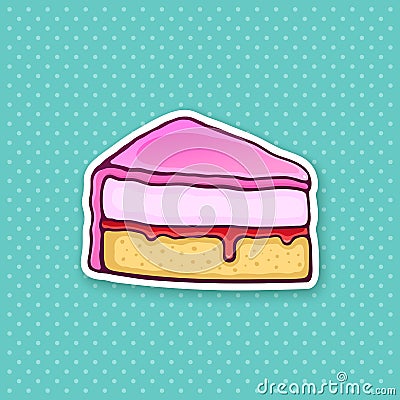 Sticker a piece of cake with pink glaze cream fondant and confiture Vector Illustration