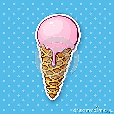 Sticker pink ice ball cream in the waffle cone Vector Illustration