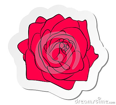 Sticker of red rose flower in flat cartoon style isolated on white background Vector Illustration