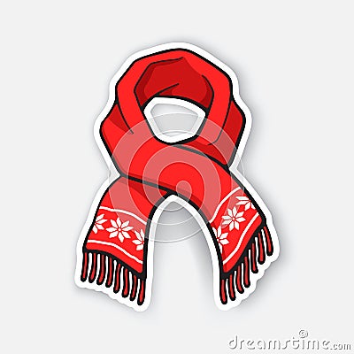 Sticker of red winter scarf with snowflake pattern Vector Illustration