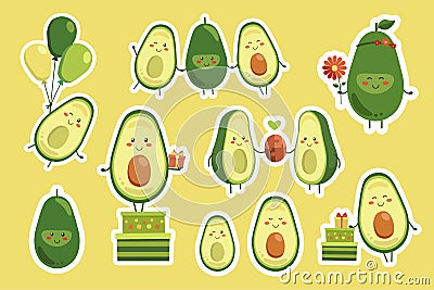 Sticker set of cute smiling avocado characters. Kawaii isolated vector stickers. Sticker avocado bundle. Birthday party Vector Illustration