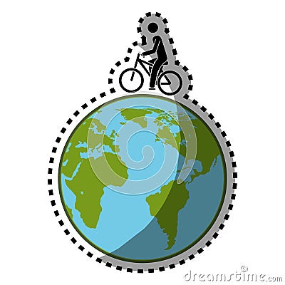 Sticker silhouette color with map world and man in eco bike Vector Illustration